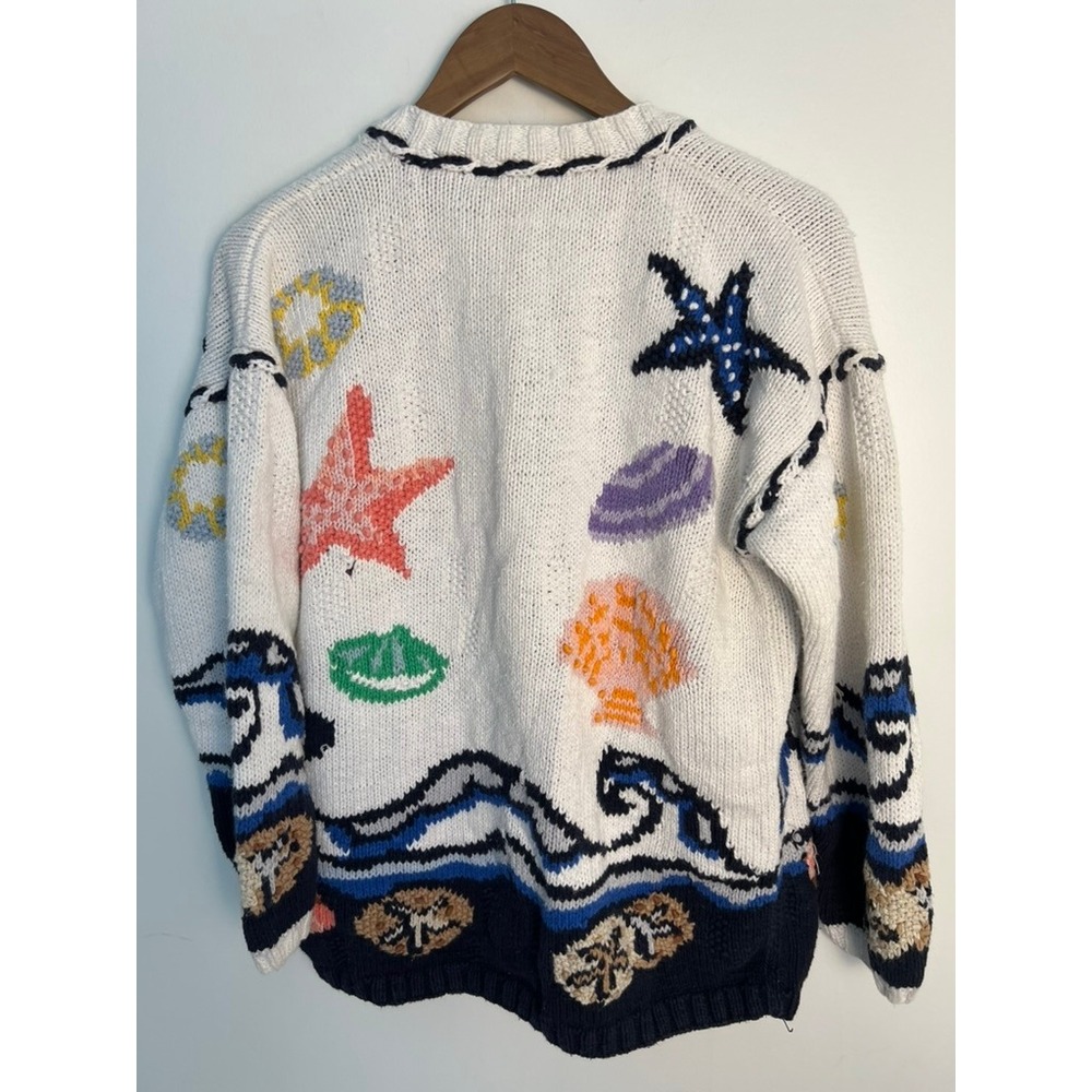 VTG Raphels Hand Knit Nautical Coastal Cardigan Sweater White Ocean LG - Picture 5 of 9